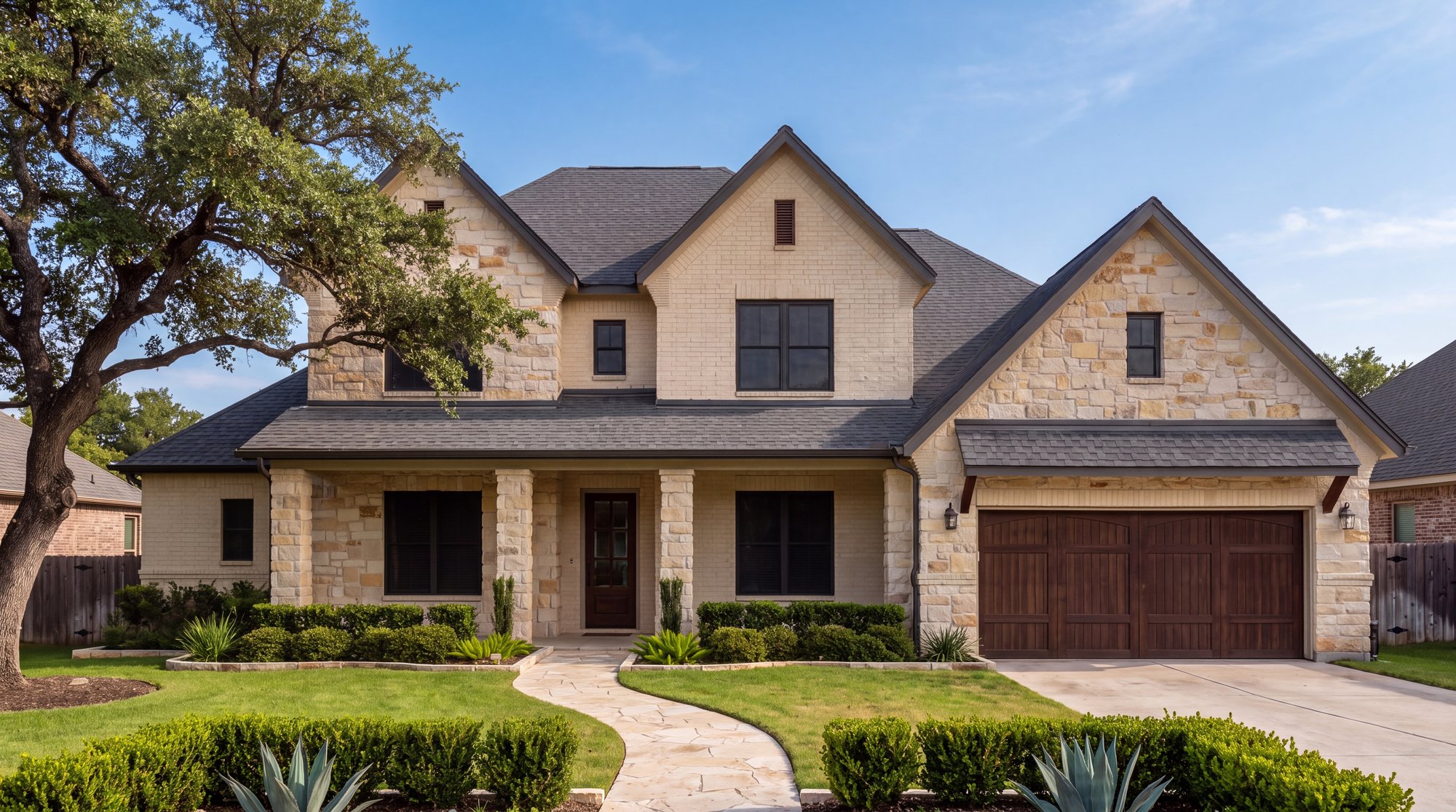 The same Central Texas home in daylight, where the lighting channel reads as roof trim