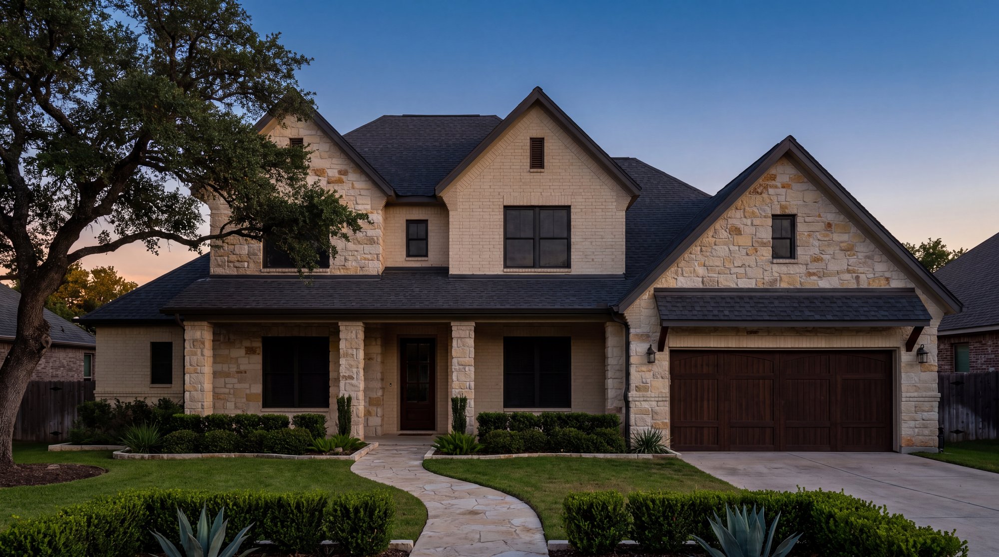 A Central Texas home at dusk with permanent roofline lighting, shown as a demonstration